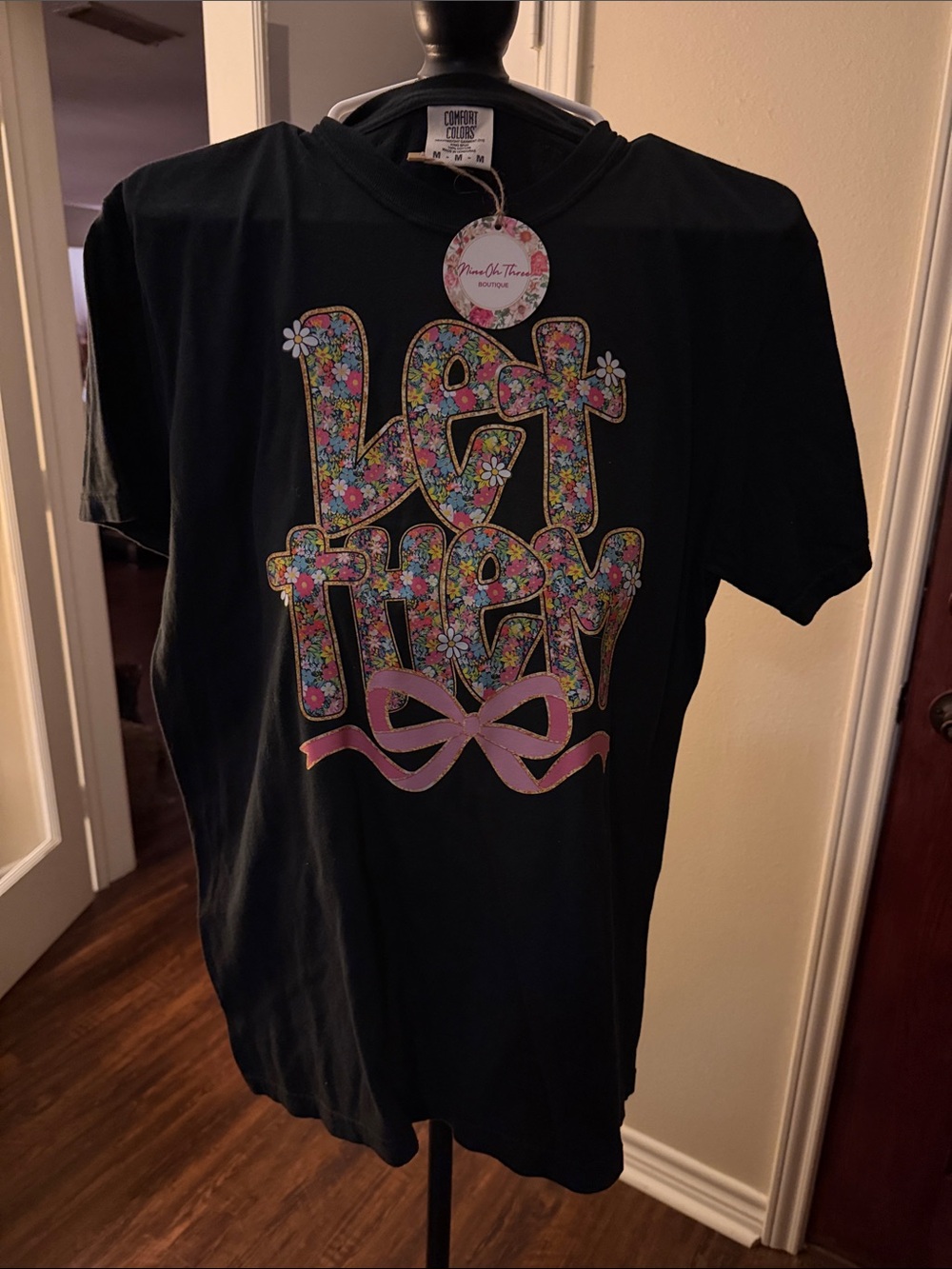 Comfort Colors Black Kids Tee with Floral 'Let Them' Graphic and Pink Bow